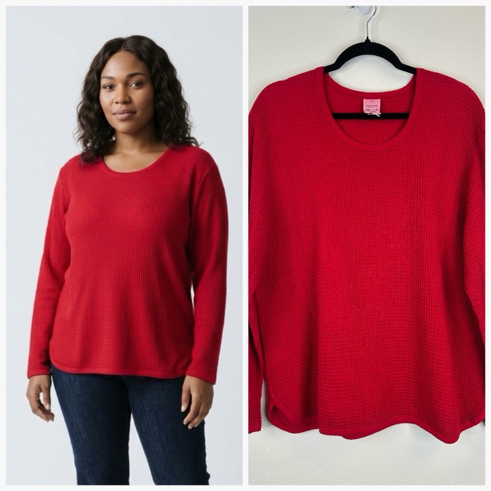 Waffle Knit Red Cotton Everyday Long Sleeve Top Size L Focus Casual Comfort